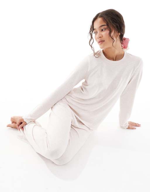 Loungeable marl brushed rib long sleeve top and pants set in oatmeal melange, 2 of 4