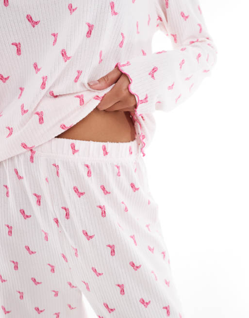 Loungeable marl brushed rib long sleeve top and pants set in pink cowboy boot print, 3 of 4