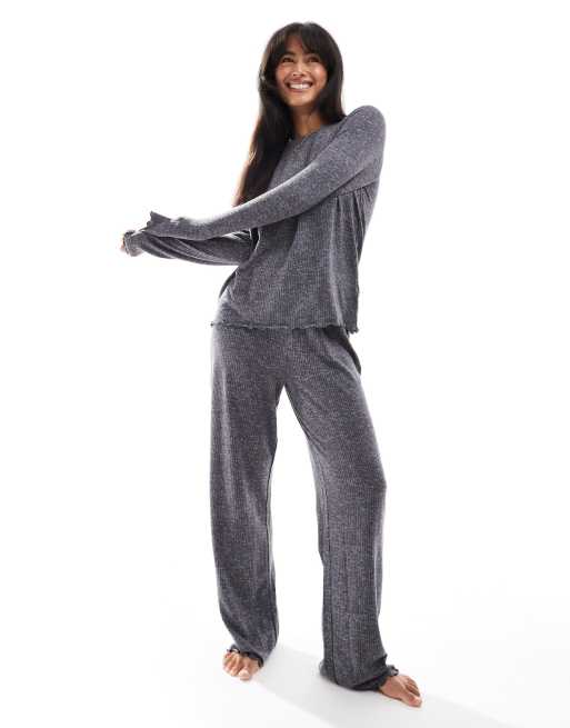 Loungeable Marl brushed rib long sleeve top and trouser set in charcoal