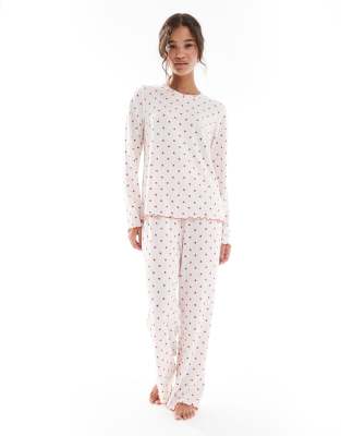 Loungeable Loungeable Marl brushed rib long sleeve top and trouser set in cream heart print-White