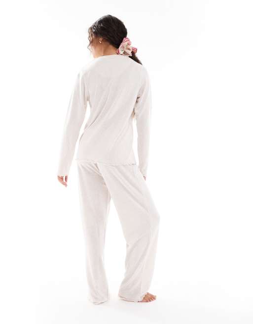 Loungeable Marl brushed rib long sleeve top and trouser set in oatmeal melange, 3 of 4