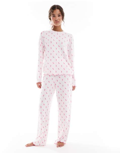 Loungeable Marl brushed rib long sleeve top and trouser set in pink cowboy boot print - view 1
