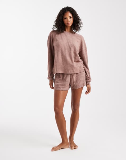 Loungeable marl super soft knit crew neck jumper and shorts in mocha - view 1