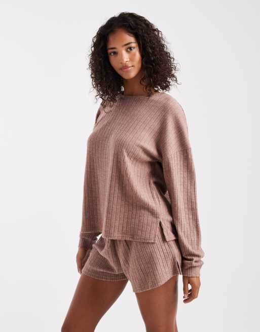 Loungeable marl super soft knit crew neck jumper and shorts in mocha, 2 of 4