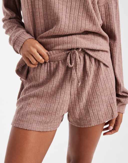 Loungeable marl super soft knit crew neck jumper and shorts in mocha, 3 of 4