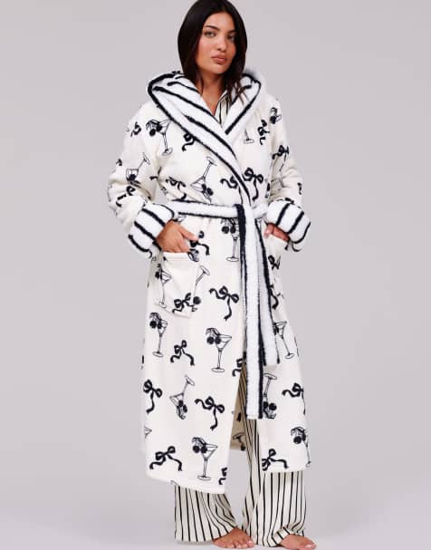Loungeable Martini bow luxury fleece midi hooded dressing gown in monochrome - view 1