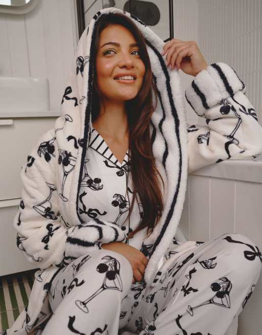 Loungeable Martini bow luxury fleece midi hooded dressing gown in monochrome, 5 of 7