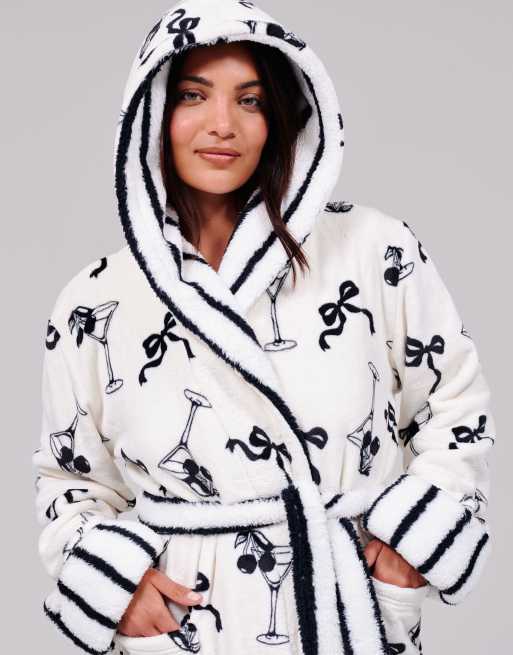 Loungeable Martini bow luxury fleece midi hooded dressing gown in monochrome, 6 of 7