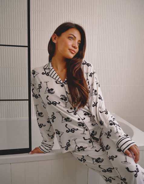 Loungeable Martini stripe super soft long sleeve button through pyjama set in monochrome - view 1