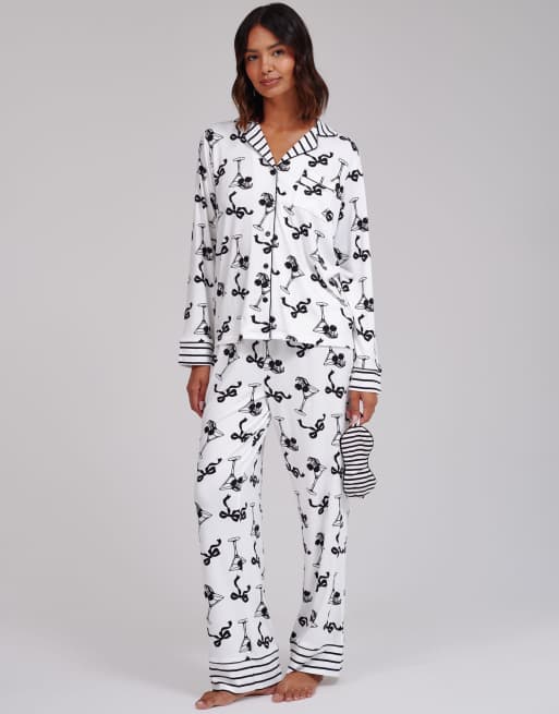 Loungeable Martini stripe super soft long sleeve button through pyjama set in monochrome, 2 of 5
