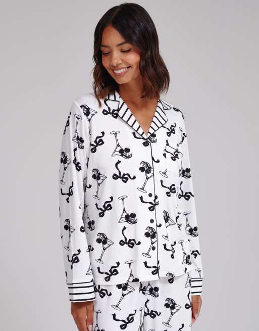 Loungeable Martini stripe super soft long sleeve button through pyjama set in monochrome, 3 of 5
