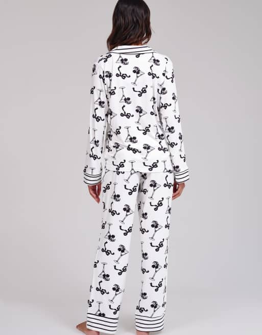 Loungeable Martini stripe super soft long sleeve button through pyjama set in monochrome, 5 of 5