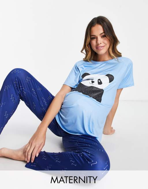 Loungeable Maternity - Bamboozled - Marineblåt pyjamassæt med leggings og pandaprint