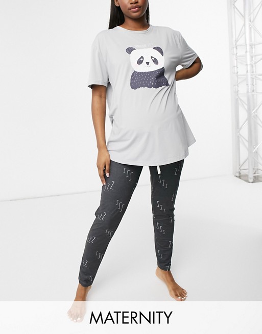 Loungeable Maternity bamboozled panda super soft pyjama set in grey