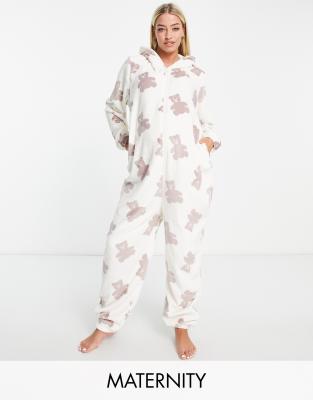 Maternity fleece teddy print all-in-one in cream-White