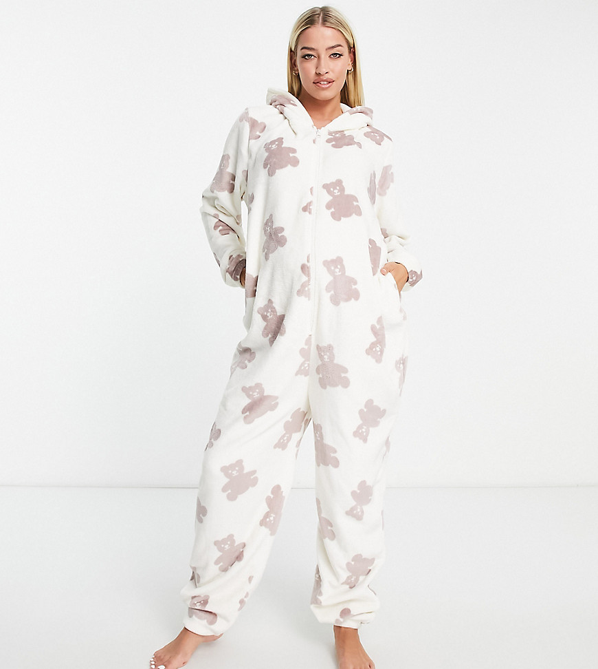 Loungeable Maternity fleece teddy print all in one in cream-White