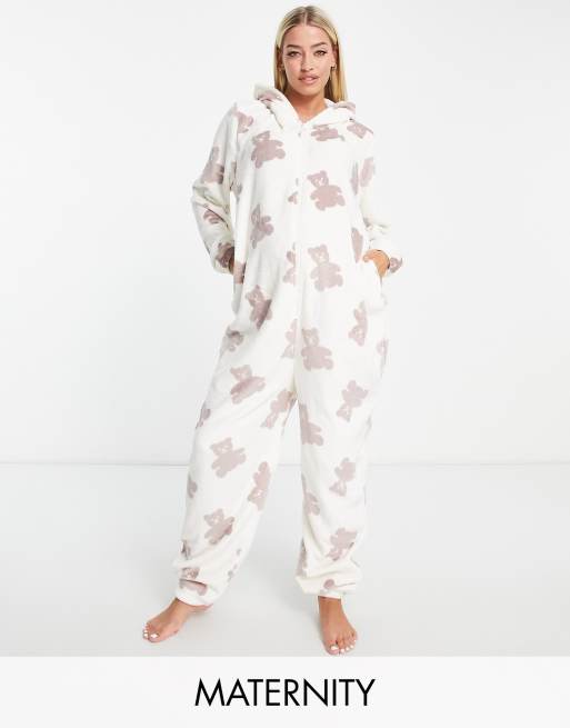 Loungeable heart print fluffy pajama set in gray