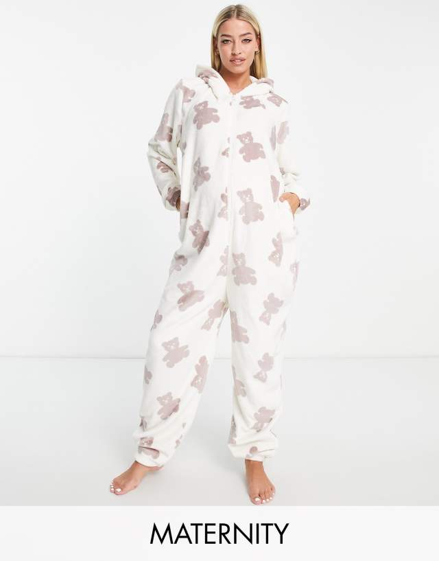 Loungeable Maternity fleece teddy print all-in-one in cream