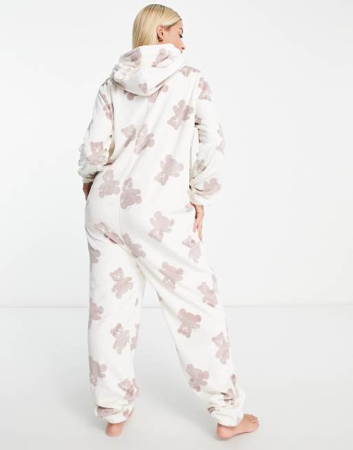 Loungeable Maternity fleece teddy print all in one in cream, 2 of 4