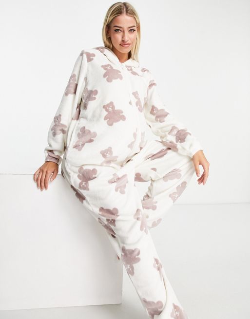 Loungeable heart print fluffy pajama set in gray