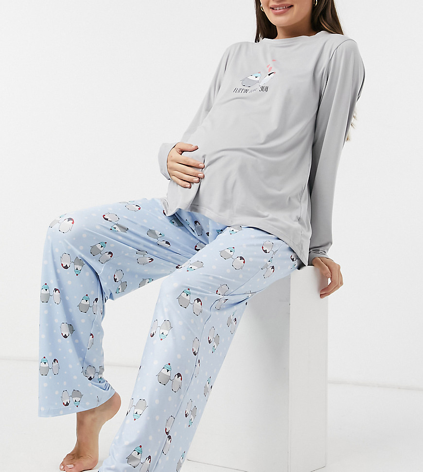 Loungeable Maternity 'Flippin' Love You' Penguin super soft pajama set-Grey