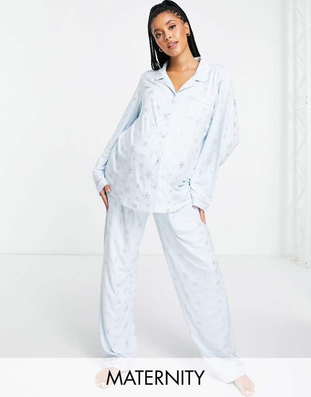 Loungeable Maternity foil snowflake pajamas in light blue