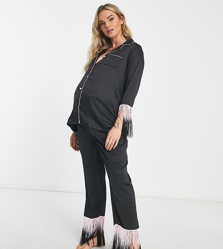 Loungeable Maternity fringed long button through pyjama set in black and pink