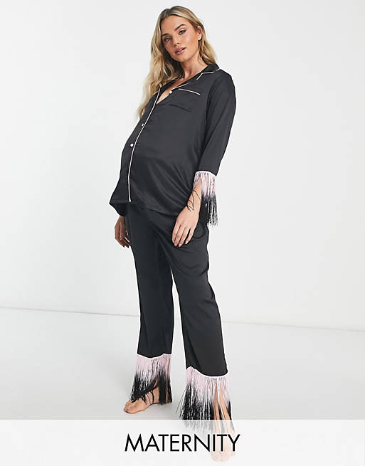 Loungeable Maternity fringed long button-through pyjama set in black and pink