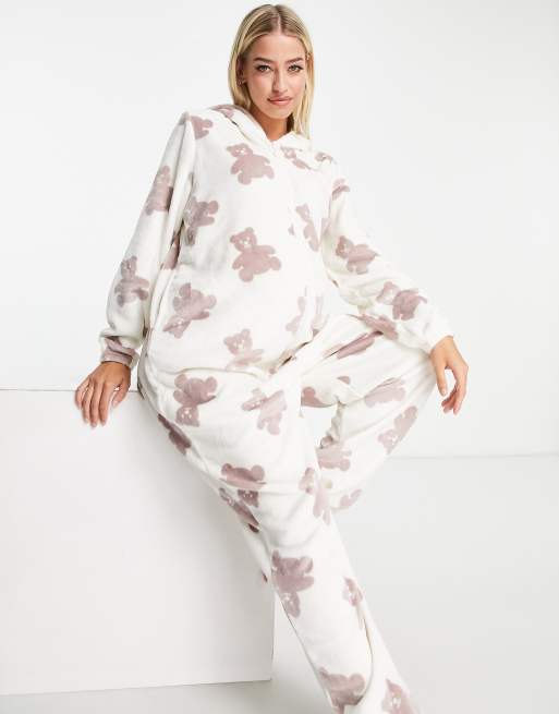 Loungeable Maternity – Kremowy polarowy kombinezon we wzór w misie, 4 z 4
