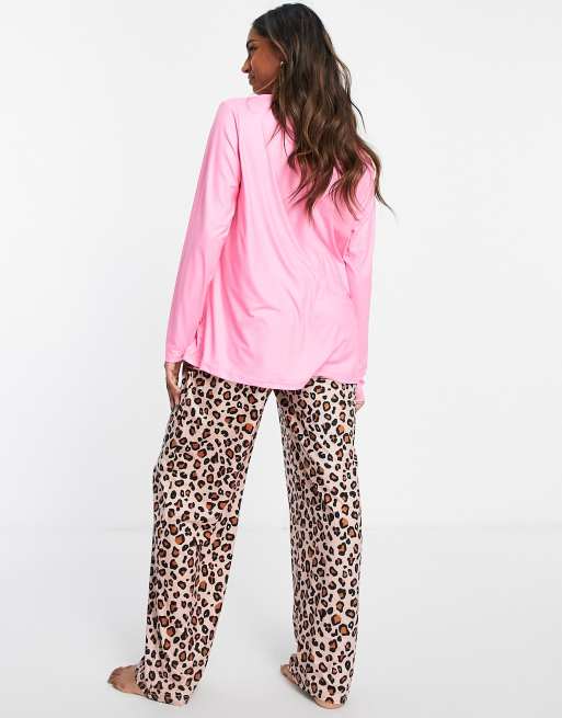 Loungeable Maternity let me sleep pajama set in pink and leopard