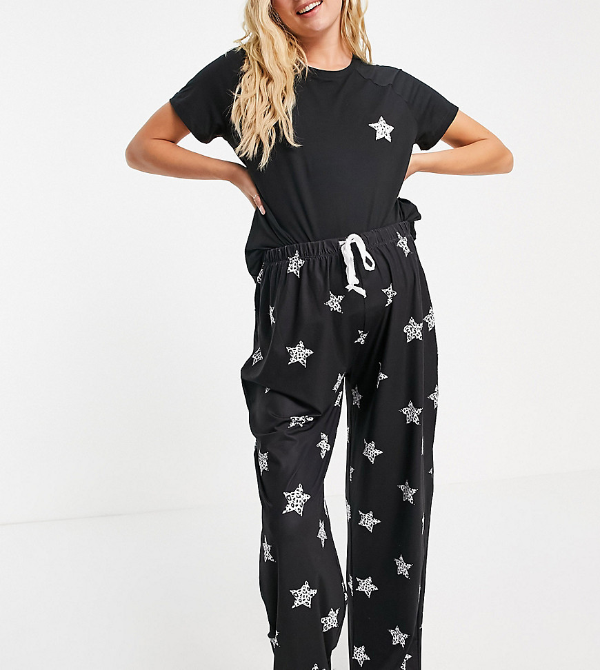 Loungeable Maternity long pajama set with leopard star print in black-Multi