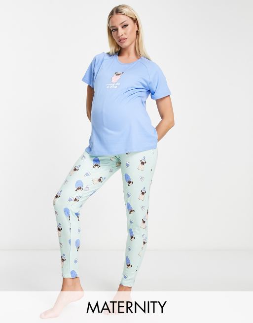 Loungeable Maternity – Miętowo-niebieska piżama z długimi spodniami we wzór w mopsy