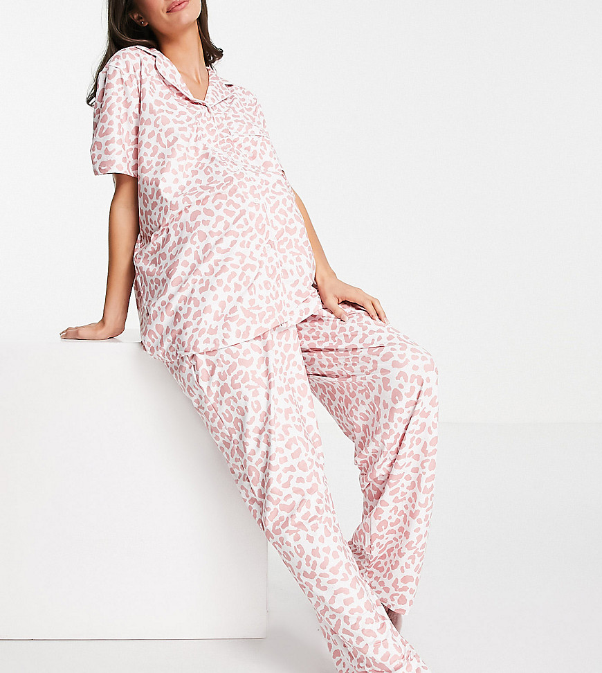 Loungeable Maternity Plus long pajama set in pink leopard-Multi
