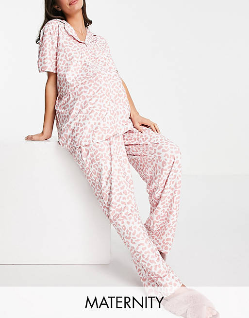 Loungeable Maternity Plus long pyjama set in pink leopard