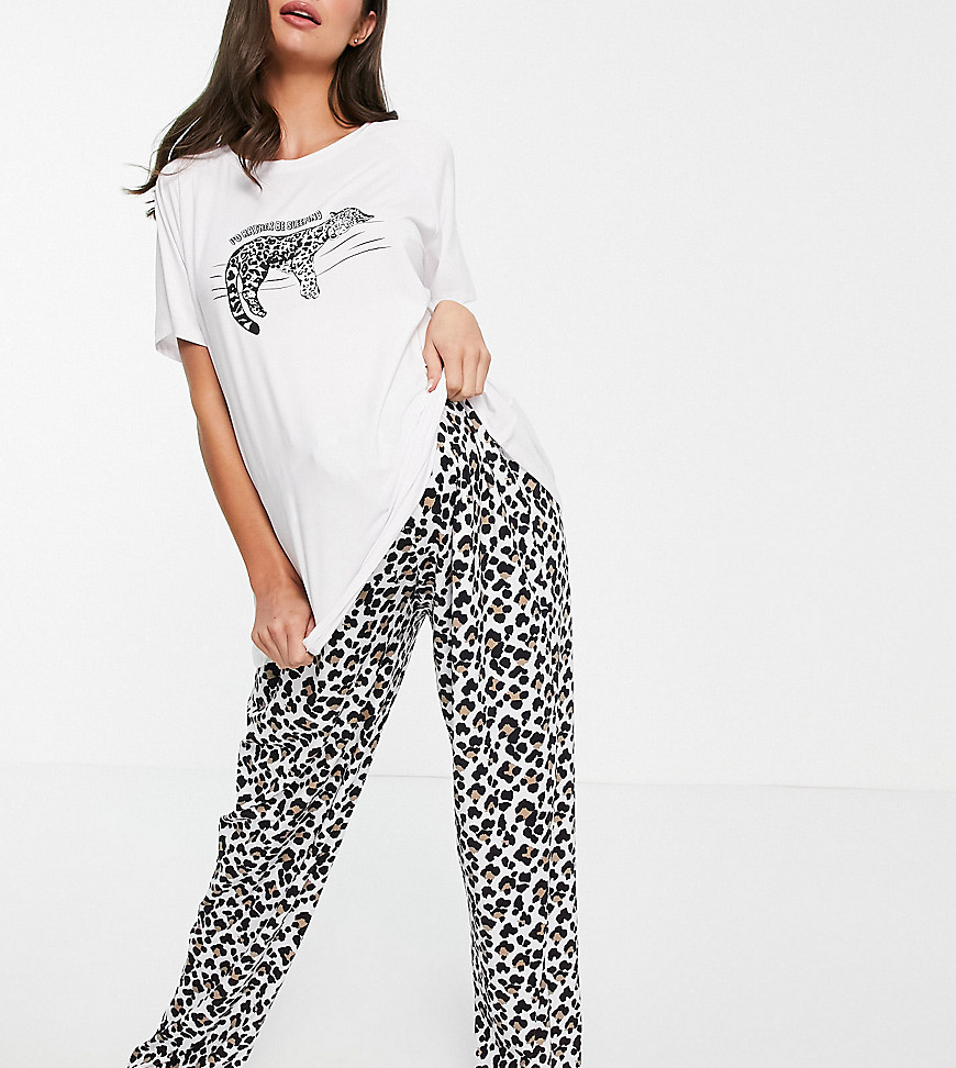 Loungeable Maternity rather be sleeping long pajama set in black and white leopard-Multi