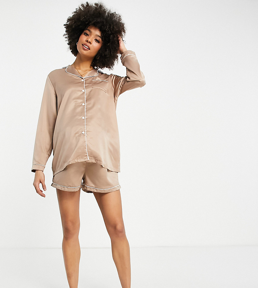 Loungeable Maternity satin mix and match pajama shorts in mocha-Brown