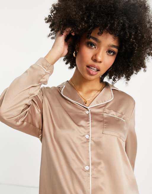 Loungeable Maternity satin mix and match pyjama shirt in mocha, 3 of 4