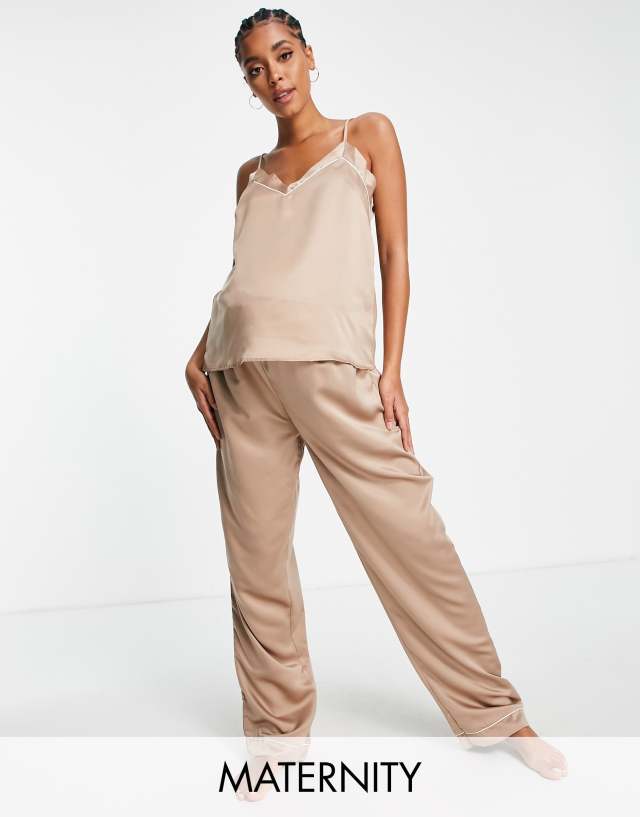 Loungeable Maternity satin mix & match pajama pants in mocha