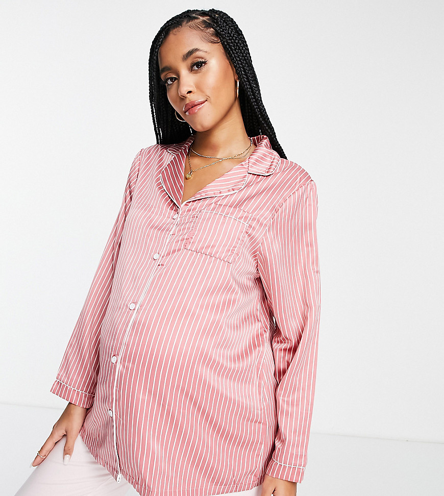 Loungeable Maternity Satin Pajama Shirt In Dark Pink And Cream Pinstripe - Part Of A Set