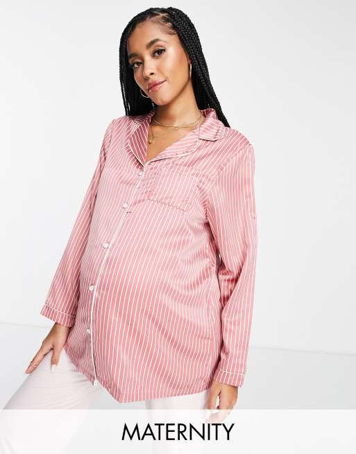 Loungeable Maternity satin pajama shirt in dark pink and cream pinstripe -  part of a set