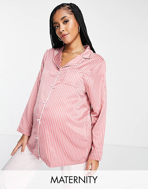Loungeable Maternity satin pyjama shirt in dark pink and cream pinstripe CO-ORD 