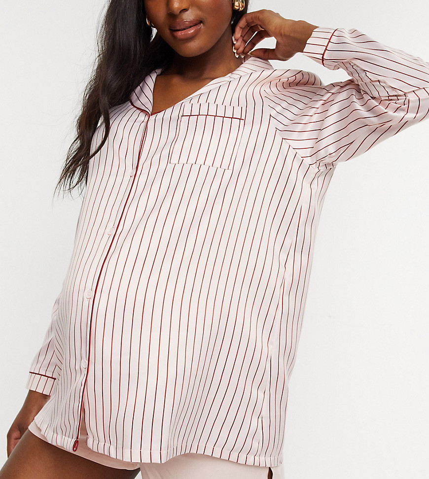 Loungeable Maternity Satin striped pajama shirt in cream-Multi