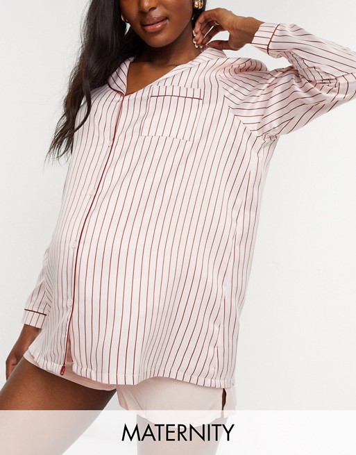 Loungeable Maternity Satin striped pyjama shirt in cream