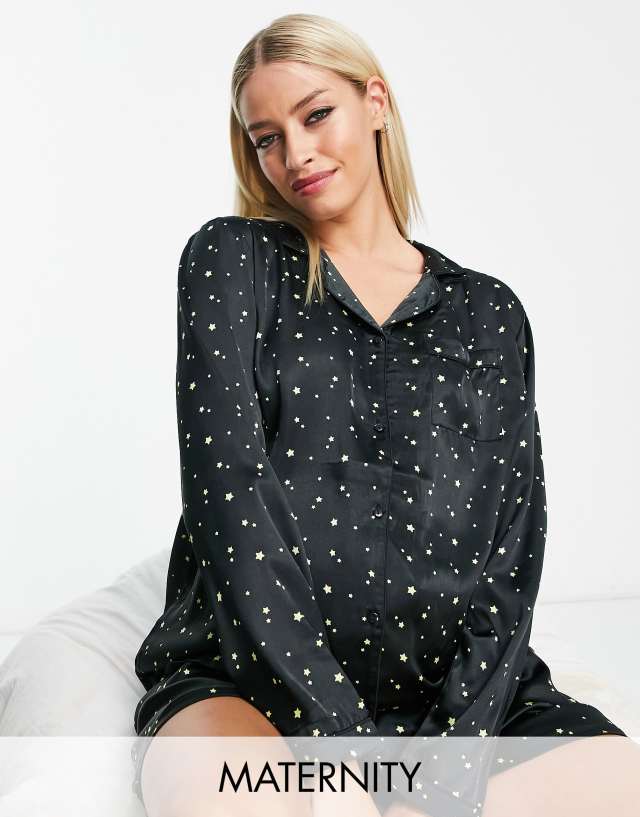 Loungeable Maternity short button through pajama set in black and gold