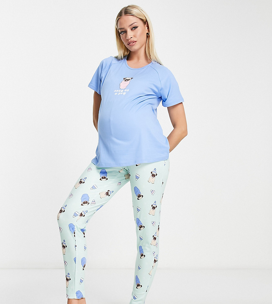 Loungeable Maternity snug pug long pajama set in mint and blue