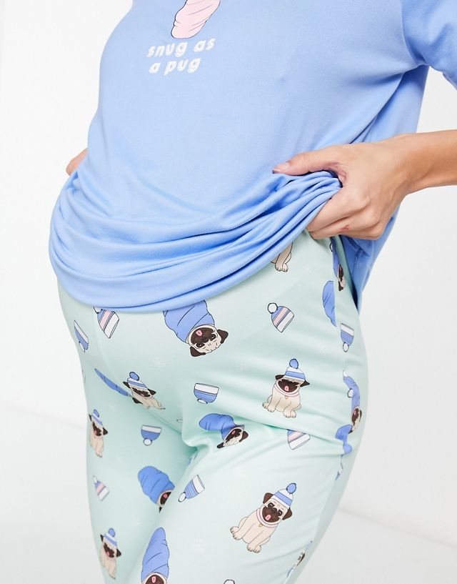 Loungeable Maternity snug pug long pajama set in mint and blue XV9709