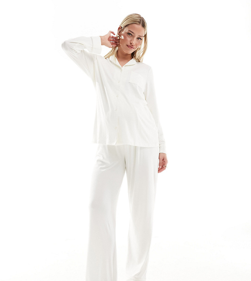 Loungeable Maternity soft touch long pyjama set in cream-White