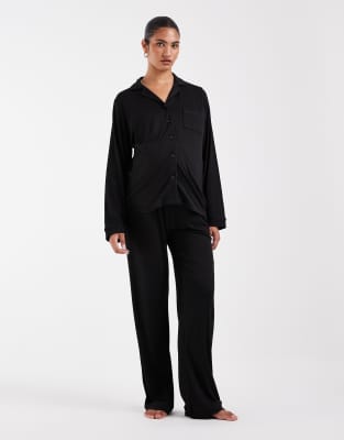 Loungeable Maternity Super Soft Jersey Camp Collar Top And Wide Leg Pants Pajama Set In Black