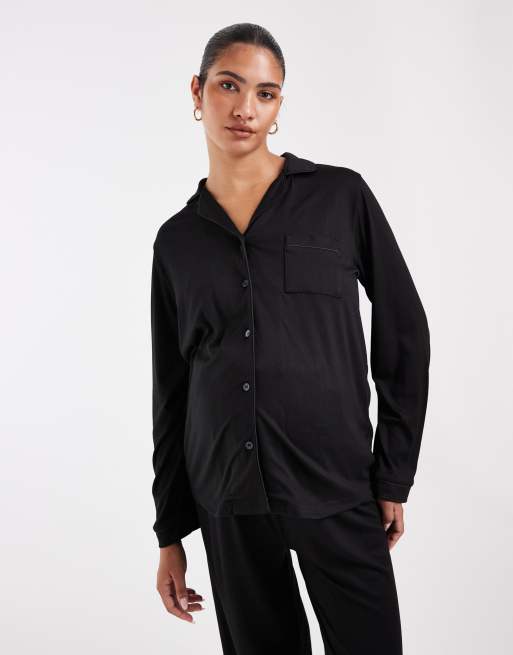 Loungeable Maternity super soft jersey camp collar top and wide leg pants pajama set in black, 2 of 4