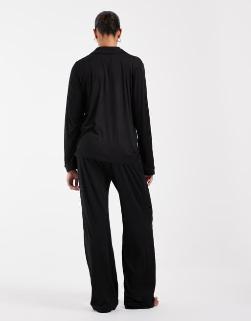 Loungeable Maternity super soft jersey camp collar top and wide leg pants pajama set in black, 3 of 4
